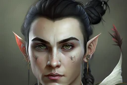 A Fantasy elf, a white male with black hair tied up in a bun, a scarred left eye.