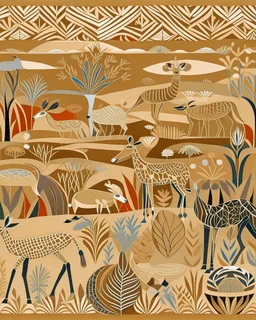 A beige savanna with mammals designed in Australian aboriginal art