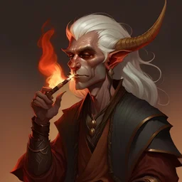 silver haired young tiefling smoking a pipe with a fire bat