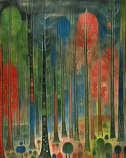 An enchanted woods filled with sprites and nymphs painted by Paul Klee