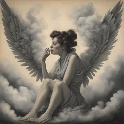 women sitting forward Her face turned upwards and blows cigarette smoke from their mouth. It depicts a figure with wings emerging from its back. behind the clouds of smoke seen death.