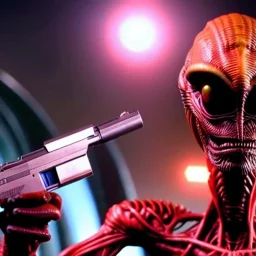 Alien creature from mars holding a gun