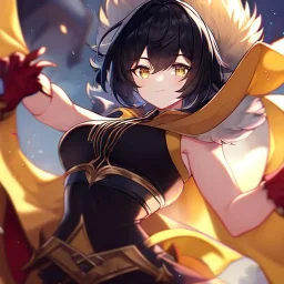 Clear focus,High resolution, Black short fluffy hair, and yellow eyes, wearing a black short skirt, sleeveless crop top, wearing long dark red gloves, yellow cloak