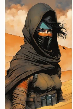 create a fine art print full body illustration of a rugged gritty, roughly textured, hooded, black clad and dusty Fremen female mercenary with highly detailed feminine facial features, amidst the billowing desert storms of Arrakis, in the comic book art style of Bill Sienkiewicz, and Jean Giraud Moebius, finely textured, drawn, colored, and inked,