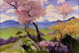 Trees, mountains, Japanese watercolor paintings