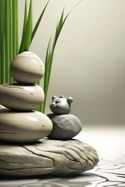 delicate background with spa stones and bamboo stem, in the background there is a female figure statue, photorealistic photo