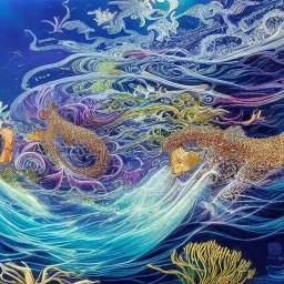 Beautiful ocean scene with elegant seahorses and mermaids with insanely intricate flowing hair and small colorful fish. Extremely detailed. Giger. Bernini. Fractal water, waves ,landscape. by Sheryl Rohrbacher