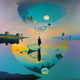 dusk abstract landscape with lake,boat and human body, universe-like Soap Bubble,complex surgical instruments mixed with human body-like musical instruments,minimalism,Painting By Adrian Ghenie, Rene Magritte, Salvador Dali, Lucian Freud