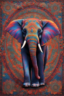 A beautifully woven (((tapestry))), intricate details and patterns representing (((elephant))) in vivid colors, creating a kaleidoscopic tableau