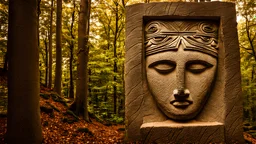 large stone carving of a face in the forest