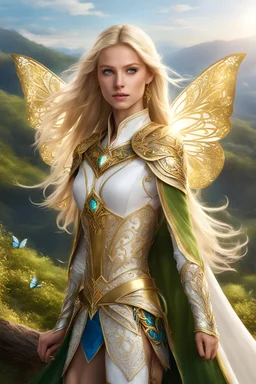 Realistic photography,young female elf, beautiful blonde shoulder length straight hair, front_view, looking at viewer, blonde long hair, intricate golden and white armor, delicate golden and white filigree, golden metalic parts, detailed part, butterflies in background, glowing blue eyes, dynamic pose, intricate green cape, dynamic lighting, full body shot, on a hill overlooking a mountain