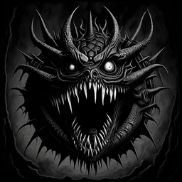 Create a monochromatic Black Metal album cover of a very detailed and demonic beholder from dungeons and dragons with a scary eye and lots of fangs and teeth
