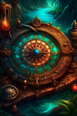 Digital art illustration of the ancient compass of guidance, a card with intricate detailing and ancient symbols, designed to guide players and provide them with the ability to rearrange piles on the game board, allowing complete control over the game strategy. the illustration will capture the essence of adventure and mystery, with a touch of fantasy, using vibrant colors and digital painting techniques.