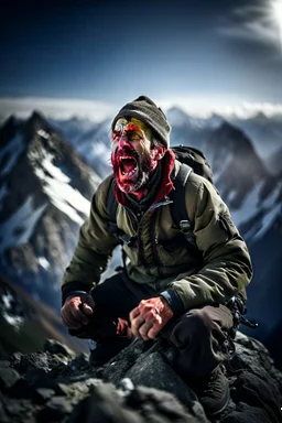 portrait of mountain climber in the Alps sitting while shouting,shot on Hasselblad h6d-400c, zeiss prime lens, bokeh like f/0.8, tilt-shift lens 8k, high detail, smooth render, down-light, unreal engine, prize winning