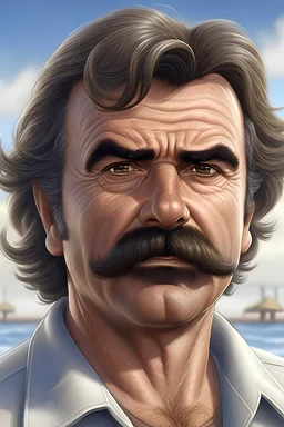 middle age male, face like Tom Selleck, dark brown skin, mustache, bare body, hairy chest, tight puffy shorts color brown, beach background, in photo realistic style