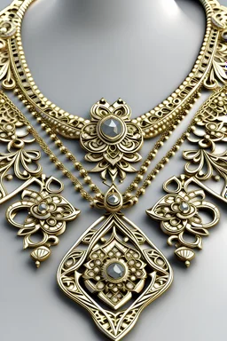Generate a jewellery necklace design which has modern design with timesless retro motifs make it realistic and use timeless works like filigree or retro motifs of india