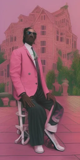 Snoop dogg, sitting. a chair. pink houses, pink sky, pink smoke, trees, outdoors. Groove street. 28mm