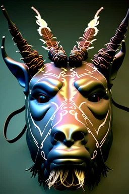 Ultra realistic CG rendering of a minotaur mask with needle-lace paintings on it and peacock feathers