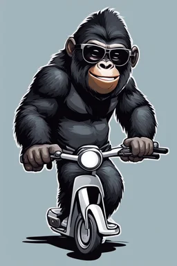 Gorrila riding on a fast scooter, with sunglasses, making a silly face, cartoonize, logo