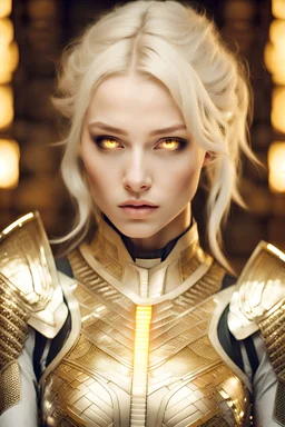 yellow eyes, platinum blonde short pony tail hair, yellow eyes, pale skin, curvy Beautiful female, wearing intricate pattern with glowing light engraved armor, form fitting white armored and skirt, glowing armored parts, in homey wood cabin, Photography Art Photoshoot Art Cinematic Soft Blur Colors