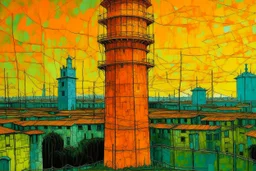 An orange colored tower in an electrical city painted by Vincent van Gogh