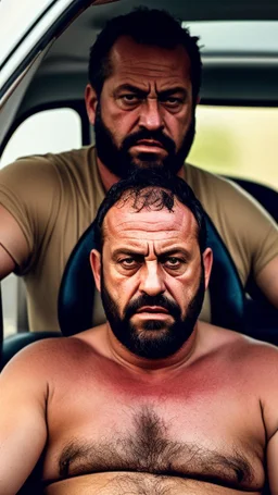 full body shot photography of an Italian sicilian taxi driver burly ugly sitting in the taxi, chubby tired 55 years old driving shirtless, bullneck, thin gold chains, short beard, sweat, short hair, bulge, robust, manly chest, looking down, big shoulders,, photorealistic, side light, ambient occlusion, tired eyes. 35mm lens, internal view inside the Taxi