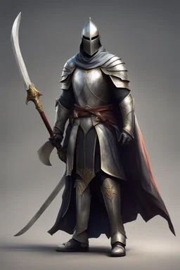 photorealistic holy knight paladin wearing a cape wielding a scythe and not wearing a helmet