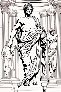 Architecture of ancient Rome of the II century AD Statues of ancient Roman gods contour reconstruction. The drawing is linear, in the style of vector graphics, black and white. High image quality in 8K