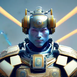 A portrait of a crystalised robot samurai with yakuza tatu, atmospheric, realistic, unreal engine cosmic galactic, cinematic lighting, octane render, transparent,bleu yellow light