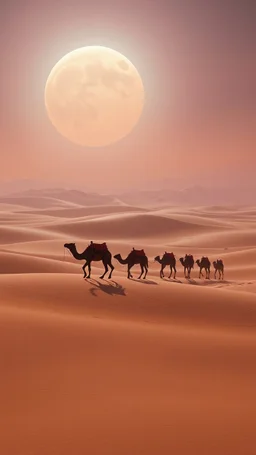 realistic photo of a landscape covered in sands that looks futuristic with futuristic lighting , a caravan of camels