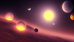 alien planet with several moons in deep space