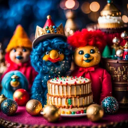 Close-up photograph of an odd land-of-toys with detailed Vintage Toys vintage puppet, Decor Old Toys Antique Toys Decor Toy, made of cake-frosting and felt, strong texture, extreme detailed movie shot, rich moody colors, sparkles, bokeh, 33mm photography