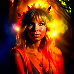 portrait of samantha fox hippie pixie hovering in the underground grove glowing light, in the style of dali, 8k, down-light, soft light, depth of field, photo realism, trending on art station, high detail, smoke and fog