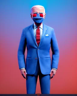 Waist up Portrait, joe Biden as simply muppet doll, Blue suit retro style, photo studio, city background, unreal engine 5, concept art, art station, god lights, ray tracing, RTX, lumen lighting, ultra detail, volumetric lighting, 3d.