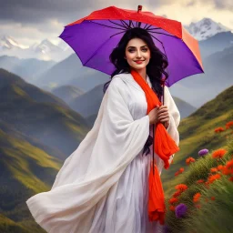 Hyper Realistic Beautiful Young Happy Pashto Woman With Beautiful-Black-Eyes-&-Black-Hair-&-A-Mole-on-Her-Face Wearing White-Frock & Purple-Shawl-With-Orange-Embroidery Carrying An Red Umbrella On Mountain-Top With Greenery & Breathtaking Cloudy-Weather Showing Dramatic & Cinematic Ambiance