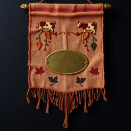 an autumn colored textured cloth hanging with embroidered ornamental leaves and cows, small blank oval brass engraving plate in upper middle, banner is downward pointed bottom, on dark background, western style