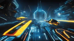 tron legacy movie, creatures,, space ships, city of the future, yellow, blue, red