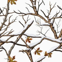 detailed Real Tree Camouflage made of sticks, twigs, tree bark, dried maple leaves, green pine branches, snow and dirt, white background, seamless repeatable texture pattern imitating a natural forest background, add details