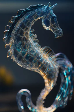 portrait of glass sea horse sculpture with indentations, art, 4k, high detail, trending art, depth of field, volumetric light, dramatic lights