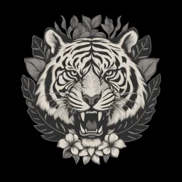 The picture is a black and white image of a tiger's head. The tiger has its mouth open and is showing its teeth. There are some leaves and a flower around the tiger's head. The image is on a white background.. Vintage T Shirt Design And Vector Illustration.Vector t shirt design on a white background