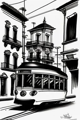 A streetcar on the street of a Portuguese city. Hand drawing, sketch in black and white.