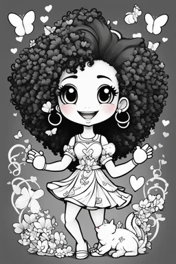 create a coloring page of a chibi girl with a curly afro ponytails dancing around hearts and butterflies. she smiles while shes playing with her kitten, black and white