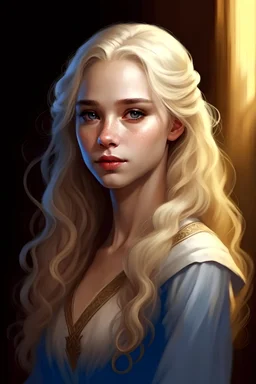 Maegelle Targaryen, aged 16, epitomizes Targaryen allure with her golden locks and sapphire eyes. Despite her royal lineage, her demeanor exudes youthful innocence and curiosity. She boasts a slender frame adorned with delicate features, framed by cascading pale golden hair. Her sapphire-blue eyes reflect wisdom beyond her years, contrasting with her porcelain skin and high cheekbones.