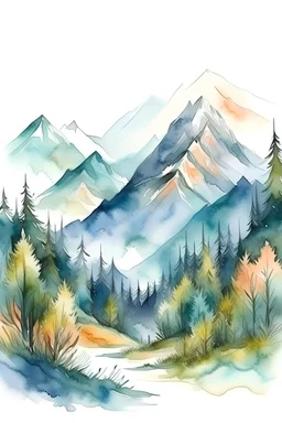 T-shirt design, watercolor painting of trees and mountains, a painting environmental art, detailed painting, painterly, artwork