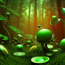 vivid green and red venus flytrap, snapping at shiny gold coins, in a dense forest, focus on the flytrap, 3D art, low poly, tiltshift, 4k, --ar 16:9