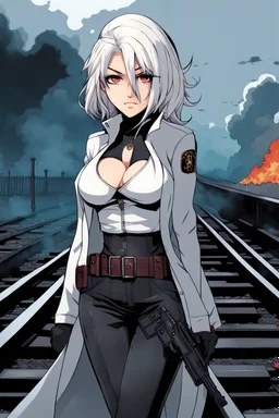 close-up gothic anime girl, white hair, tight outfit with gun on thigh, standing on a train track, smoke and fire surroundings, she is dull and dark, looks determined , train approaching behind her, anime manga style