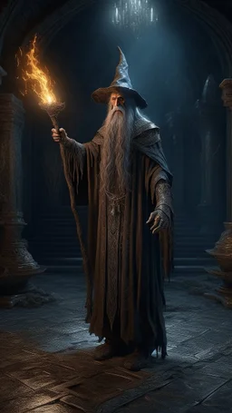Busch painting style nightmare, a wizard standing in a 3d rendering full-height image of a grim and dark scene. Ensure the final images exhibit the utmost quality, with the play of a torch-lit dungeon encompassing 4K, 8K, and 64K resolutions, with 3D rendering that manifests in photorealistic, hyperrealistic, and highly detailed representations. Employ techniques such as HDR, UHD,