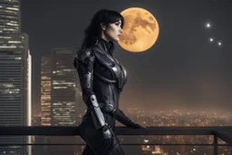 Fantasy Photo Of A Woman With Black Hair, Wearing A robot-looking suit, standing sideways On A Ledge of a building, With A waning moon Behind Her Head