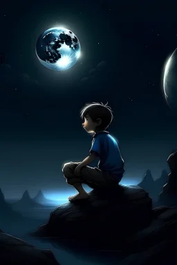Boy, night, looking at the moon, fantasy