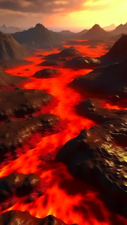 Hellscape mostly flatland with rocks and a few lava rivers, realistic